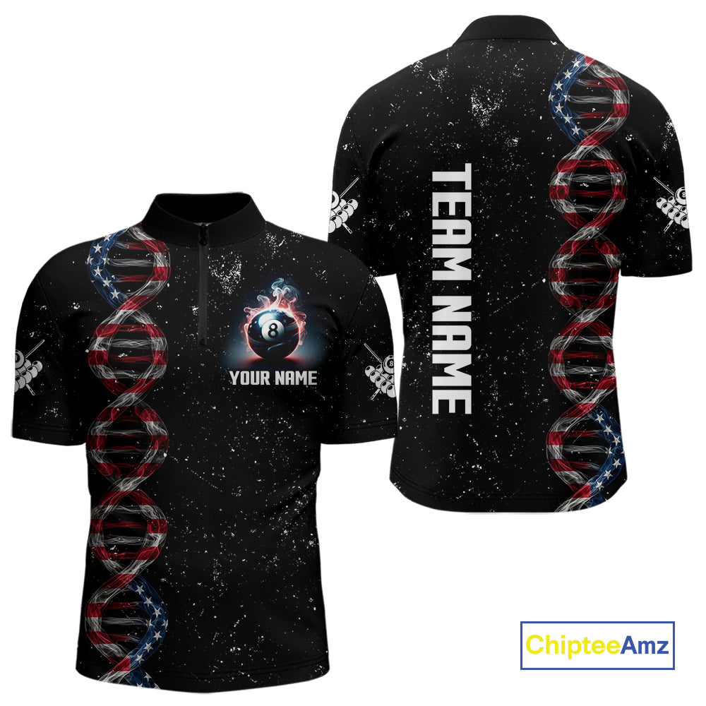 Men's Custom DNA American Flag Smoke 8 Ball Billiard Shirt, Patriotic Pool Jersey Polo & 1/4 Zip TDM4627