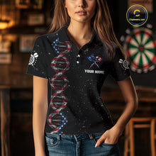 Load image into Gallery viewer, Custom Women&#39;s Black Grunge DNA American Flag Smoke Darts Shirt, Patriotic Dart Jersey Polo, 1/4 Zip TDM4628