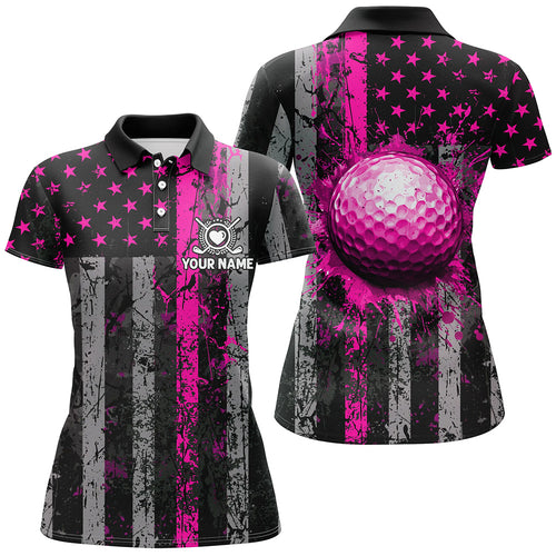 Pink Grunge American Flag Womens Golf Polo Shirts Custom Patriotic Golf Shirts, Golf Gifts For Ladies TDM2539