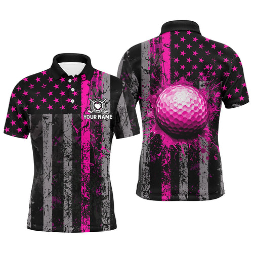 Pink Grunge American Flag Mens Golf Polo Shirts Custom Patriotic Golf Shirts, Golf Gifts For Men TDM2539