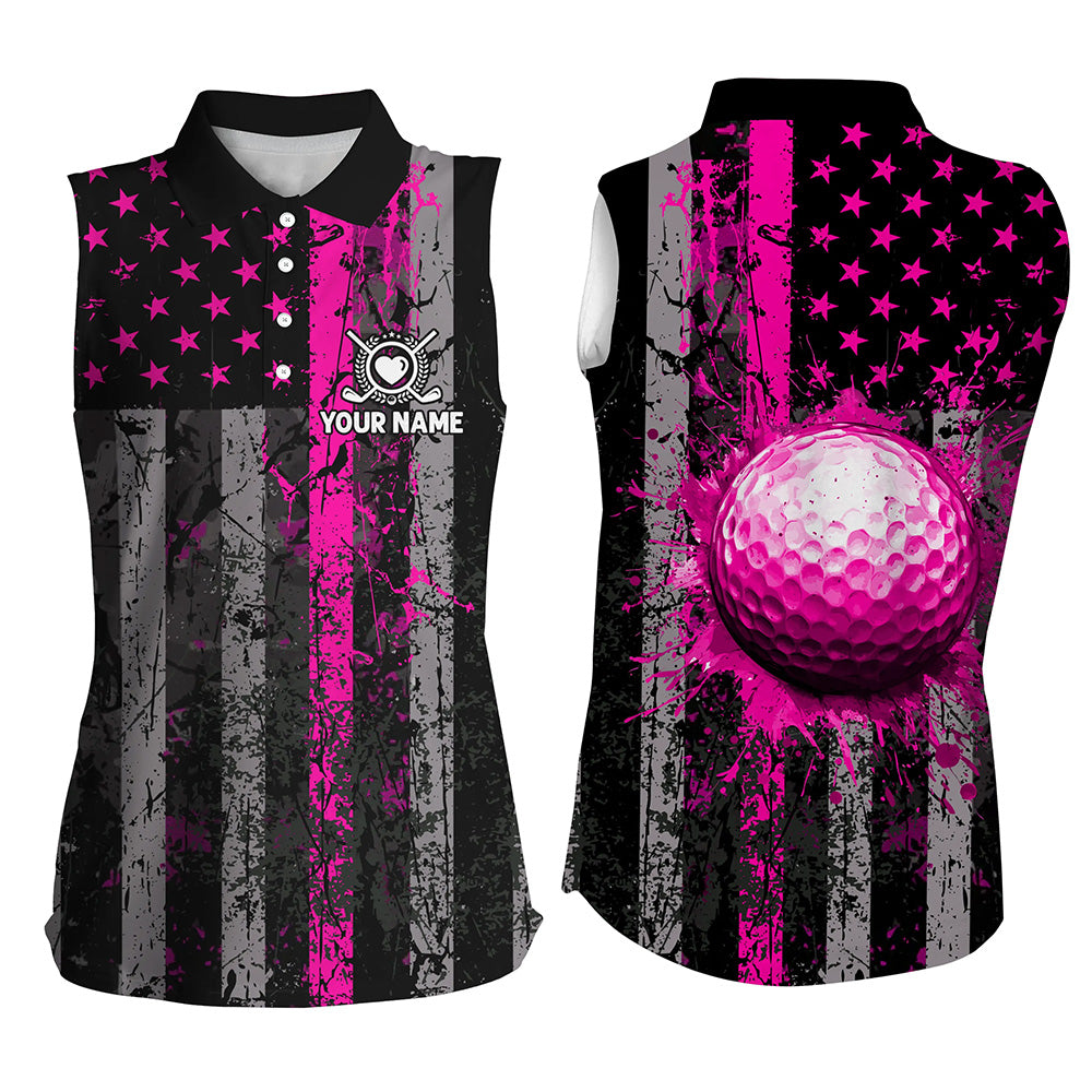 Pink Grunge American Flag Womens Sleeveless Polo Shirts Custom Name Patriotic Golf Shirts Gifts TDM2539