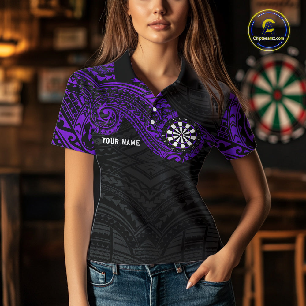 Personalized Black And Purple Tribal Darts Shirt For Women Custom Darts Jersey Team Polo & 1/4 Zip TDM4825