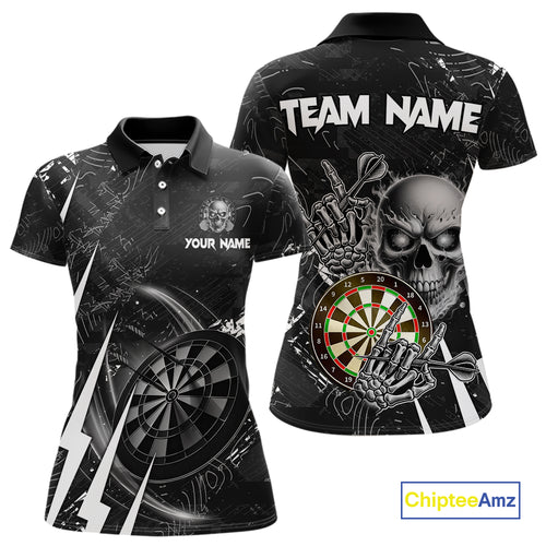 White Black 3D Skull Darts Polo & 1/4 Zip For Women Custom Darts League Team Jersey, Best Darts Gift TDM4828