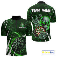 Load image into Gallery viewer, Green 3D Skull Darts Polo &amp; 1/4 Zip For Men Custom Darts League Team Jersey, Best Darts Gifts TDM4829