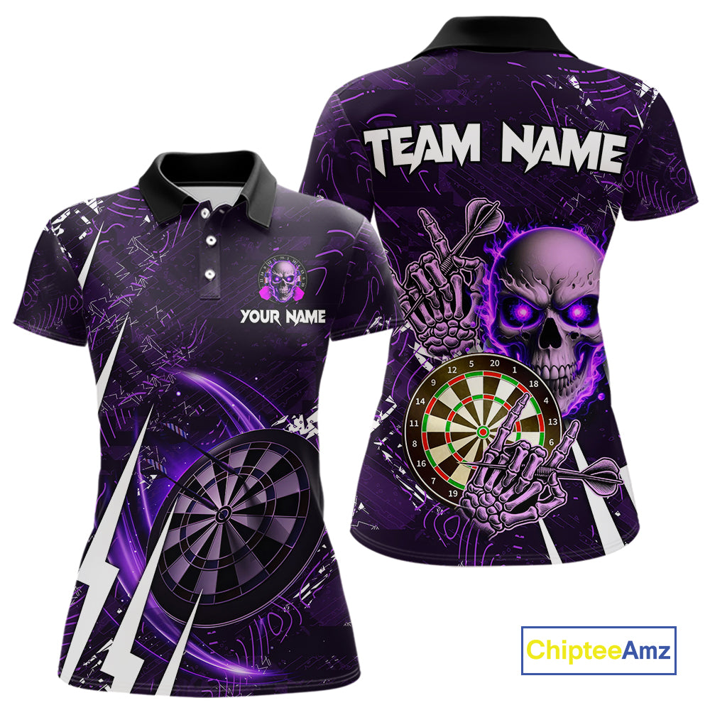 Purple 3D Skull Darts Polo & 1/4 Zip For Women Custom Darts League Team Jersey, Best Darts Gifts TDM4830