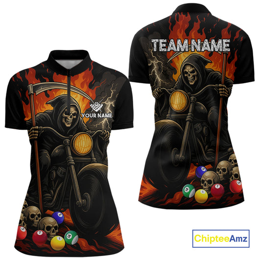 Personalized Grim Reaper Motorcycle Billiards Shirt For Women Custom Skull Billiard Team Jersey TDM5253