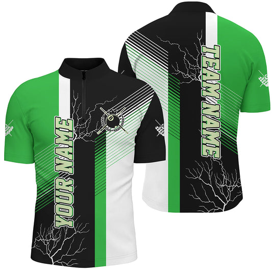 Personalized Black Green Billiard Polo, Quarter Zip For Men Custom 8 Ball Pool Billiard Team Jersey TDM3269