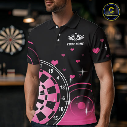 Pink And Black Darts Wings Polo & Quarter Zip Custom Darts Shirt For Men, Valentine Darts Gifts TDM5765