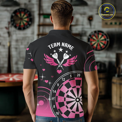 Pink And Black Darts Wings Polo & Quarter Zip Custom Darts Shirt For Men, Valentine Darts Gifts TDM5765