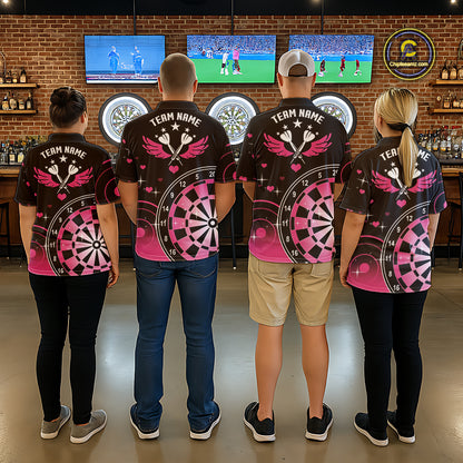 Pink And Black Darts Wings Polo & Quarter Zip Custom Darts Shirt For Men, Valentine Darts Gifts TDM5765