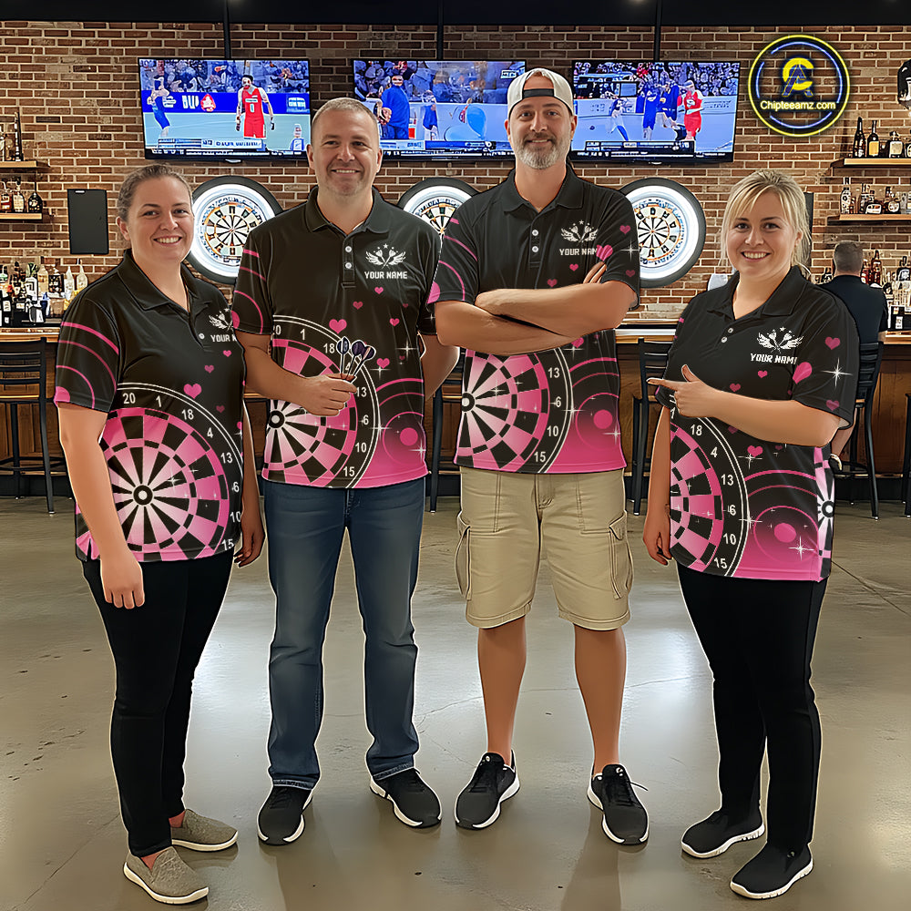 Pink And Black Darts Wings Polo & Quarter Zip Custom Darts Shirt For Men, Valentine Darts Gifts TDM5765
