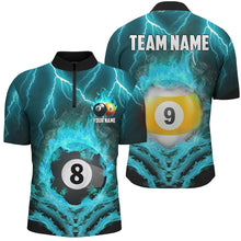 Load image into Gallery viewer, Billiard 8 Ball &amp; 9 Ball Fire Lightning Men Polo &amp; 1/4 Zip Shirts Custom Billiard Jersey |Turquoise TDM1644