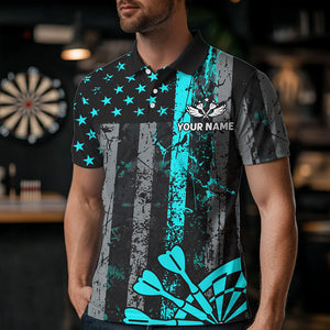 Custom Turquoise Grunge Us Flag Patriotic Darts Shirt For Men, Retro Darts Board Darts Team Jerseys TDM1648