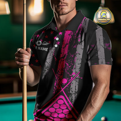 Custom Pink Grunge US Flag Patriotic Billiard Shirts For Men, Retro 8 Ball Pool Billiard Jersey TDM4045