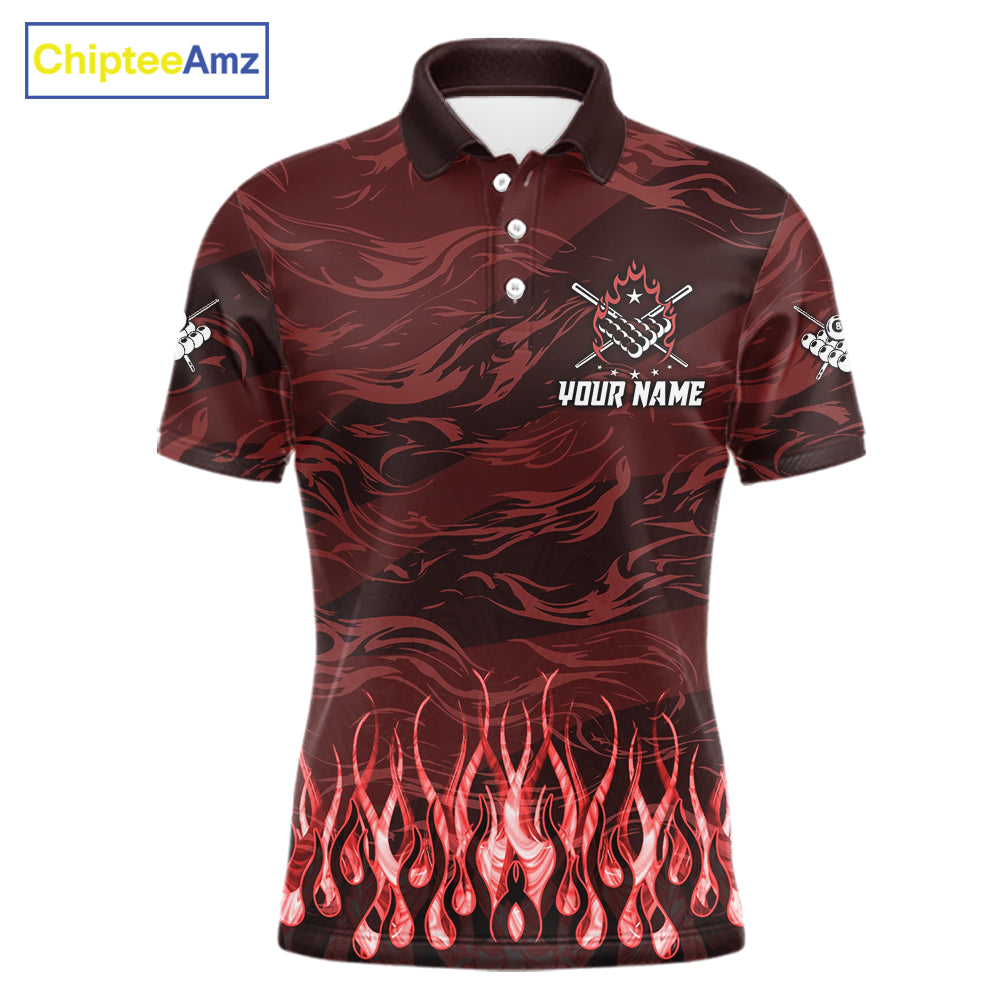 Custom Red Flaming 8 Ball Pool Fire Polo Shirt Designed for Personalized Billiard Team Jerseys with Eye Catching Flame Graphics and Athletic Style