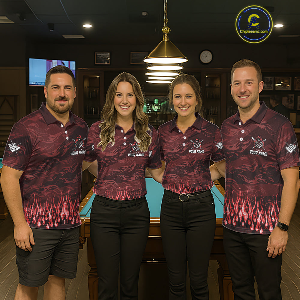 Pool Team Wearing Personalized Red Flaming 8 Ball Pool Fire Billiard Jerseys During League Matches and Tournament Competition, Front View