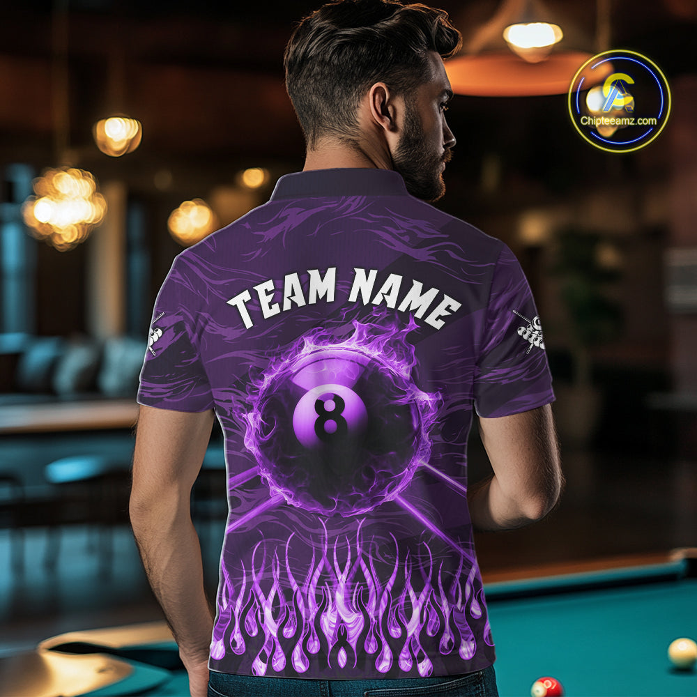 Man Wearing Personalized Purple Flaming 8 Ball Pool Fire Custom Billiard Team Jersey Featuring the Complete Rear Graphic Design, Back View