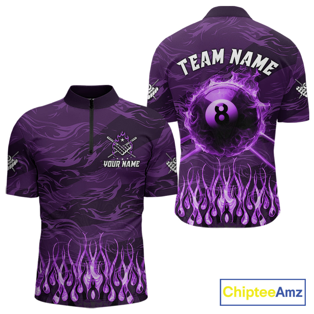 Personalized Purple Flaming 8 Ball Pool Fire Quarter Zip Billiard Shirt Created for Pool League Teams with Custom Jersey Design and Performance Fabric