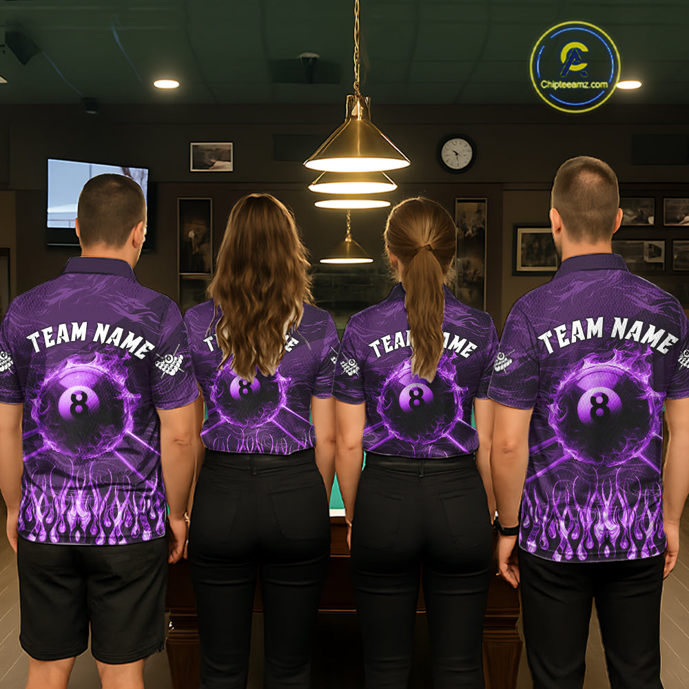 Pool Team Wearing Personalized Purple Flaming 8 Ball Pool Fire Custom Billiard Team Jerseys Featuring the Full Back Artwork, Back View