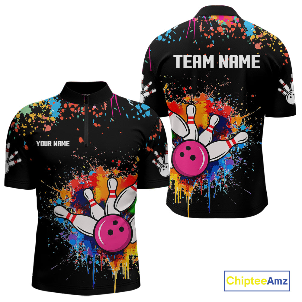 Funny Colorful Bowling Shirt For Men Custom Bowling Team Jersey Outfit Polo & Quarter Zip |Black TDM4638