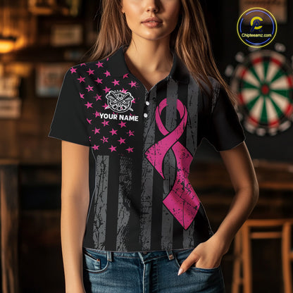 Custom Pink Ribbon Wings Darts Shirt For Women, US Flag Breast Cancer Darts Jersey Polo & 1/4 Zip TDM6377