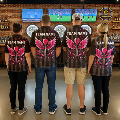 Custom Pink Ribbon Wings Darts Shirt For Men, US Flag Breast Cancer Darts Jersey Polo & 1/4 Zip TDM6377
