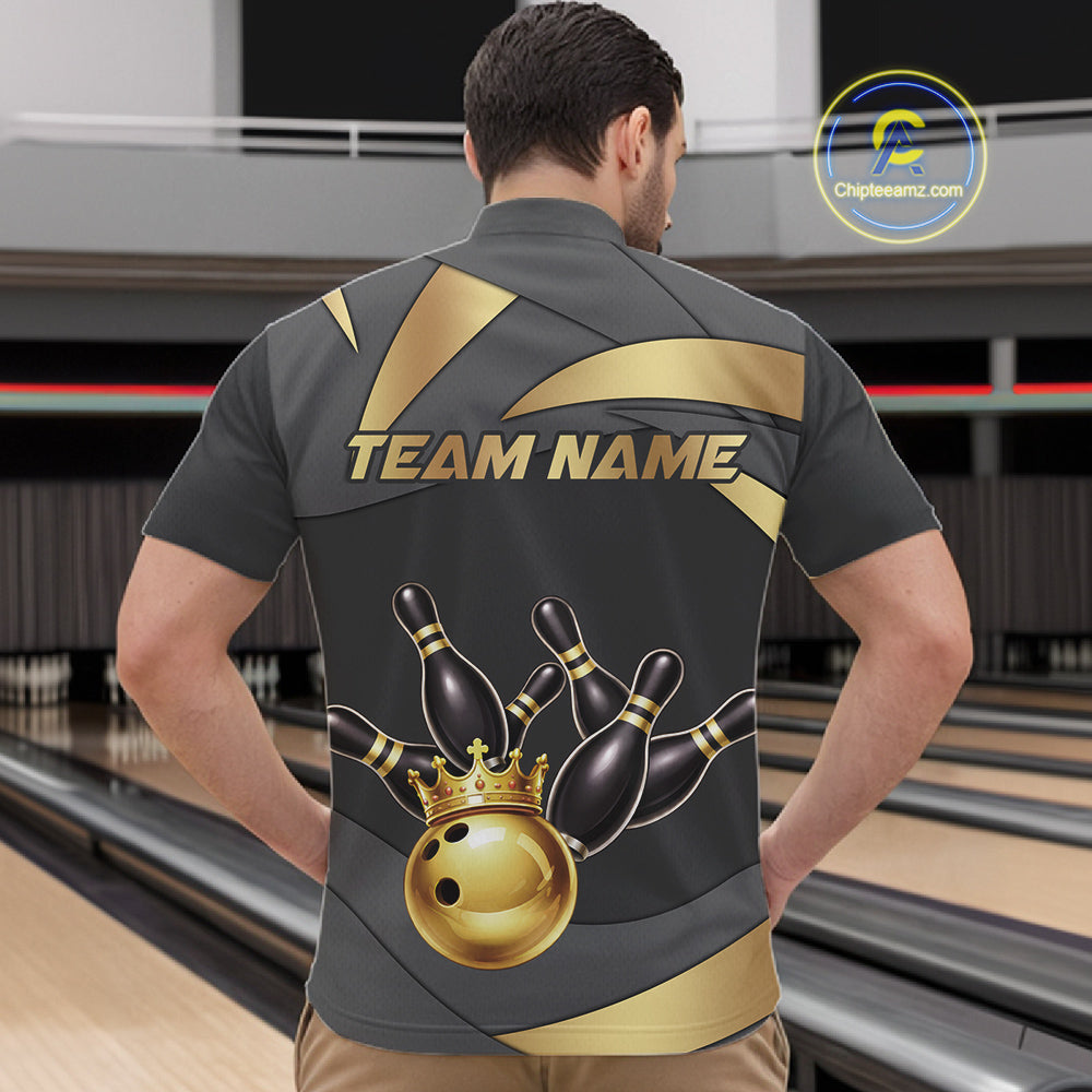 Black And Gold Bowling Shirt For Men Custom Crown Bowling Jersey, Bowling League Polo & 1/4 Zip TDM6379