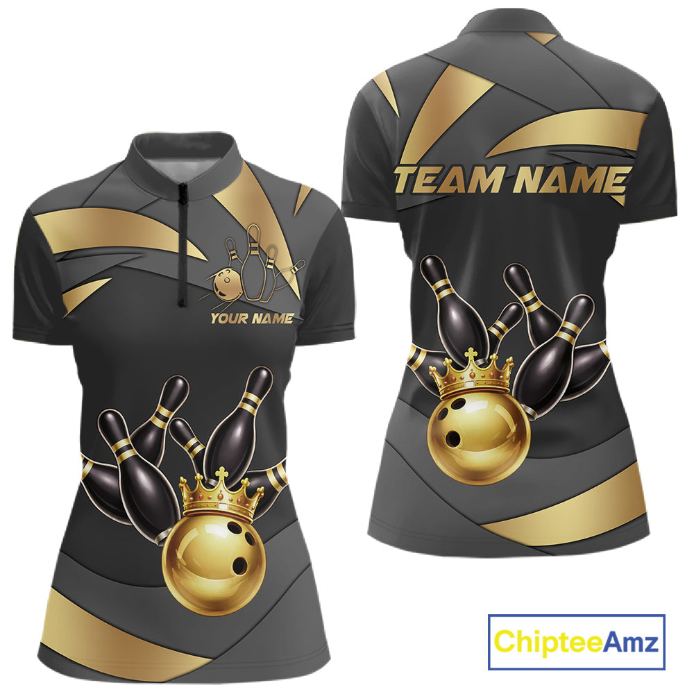 Black And Gold Bowling Shirt For Women Custom Crown Bowling Jersey, Bowling League Polo & 1/4 Zip TDM6379