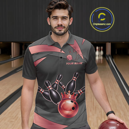 Black And Red Bowling Shirt For Men Custom Crown Bowling Jersey, Bowling League Polo & 1/4 Zip TDM6380