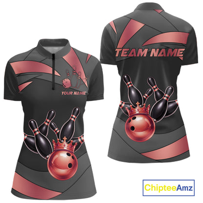 Black And Red Bowling Shirt For Women Custom Crown Bowling Jersey, Bowling League Polo & 1/4 Zip TDM6380