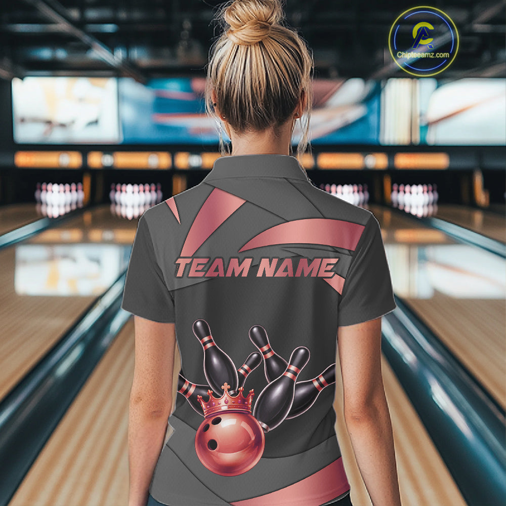 Black And Red Bowling Shirt For Women Custom Crown Bowling Jersey, Bowling League Polo & 1/4 Zip TDM6380