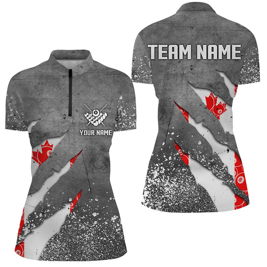 Custom Ball 8 Canada Flag Grey Grunge Women Billiard Polo & 1/4 Zip Shirt Best Billiard Team Jersey TDM1650