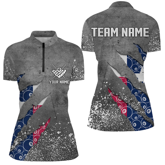 Custom Ball 8 Texas Flag Grey Grunge Women Billiard Polo & 1/4 Zip Shirt Best Billiard Team Jersey TDM1651