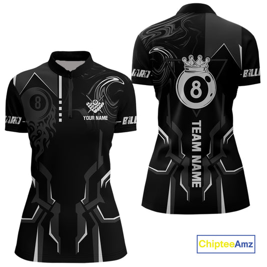 Customized 8 Ball Pool Crown Women Billiard Shirt, White And Black Billiard Team Shirt, Pool Jersey TDM4053