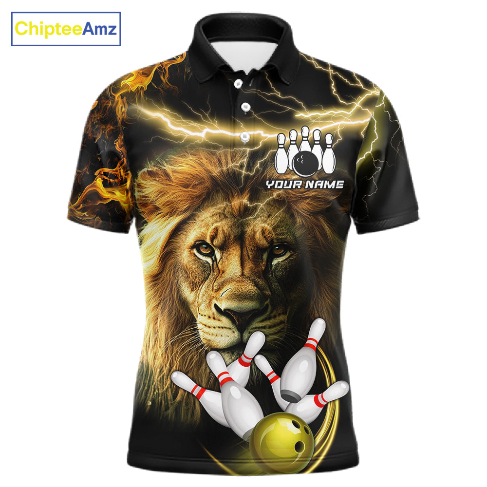 Personalized yellow lightning thunder lion bowling team jersey polo shirt for men featuring a fierce lion with yellow lightning artwork, premium custom bowling team apparel.