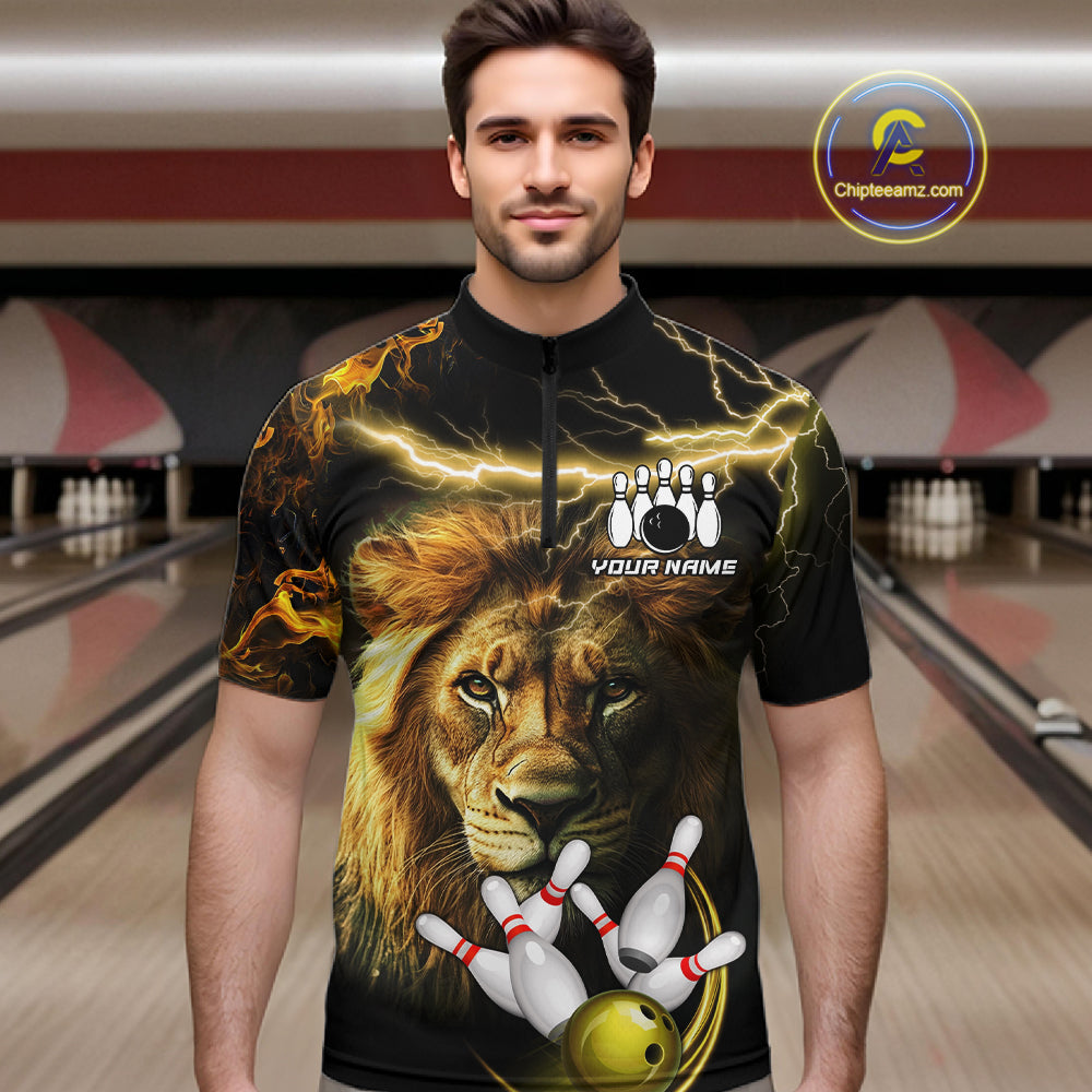 Man wearing personalized yellow lightning thunder lion bowling team jersey quarter zip shirt featuring yellow lightning lion artwork, front view.
