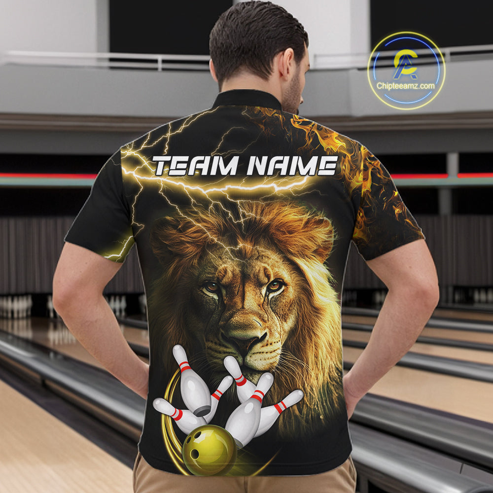 Man wearing personalized yellow lightning thunder lion bowling team jersey quarter zip shirt featuring yellow lightning lion artwork, back view.