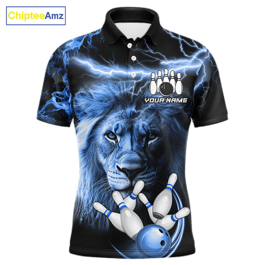 Personalized blue lightning thunder lion bowling team jersey polo shirt for men featuring a fierce lion with blue lightning artwork, premium custom bowling team apparel.