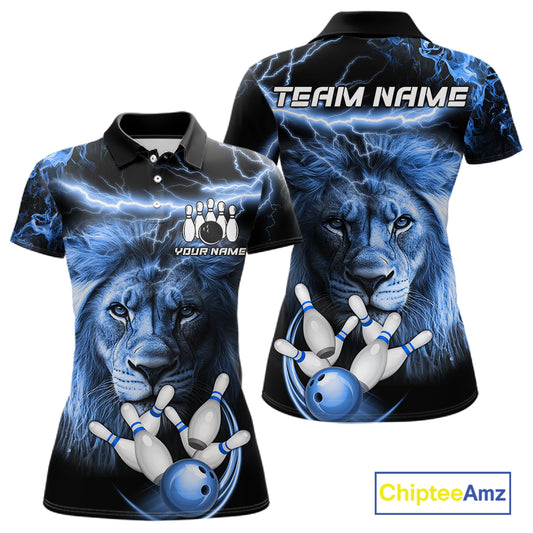 Personalized blue lightning thunder lion bowling team jersey polo shirt for women featuring a fierce lion with blue lightning artwork, premium custom bowling team apparel.