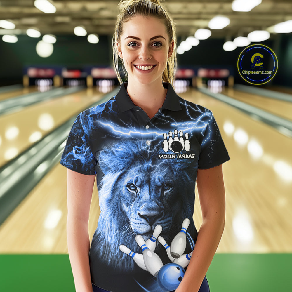 Woman wearing personalized blue lightning thunder lion bowling team jersey polo shirt featuring blue lightning lion artwork, front view.