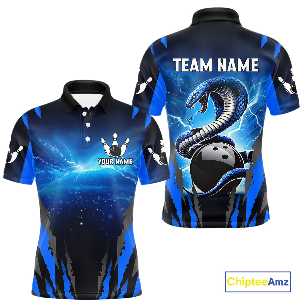 Personalized Blue Thunder Lightning Cobra Snake Bowling Shirts For Men, Bowling Team Jersey TDM4643