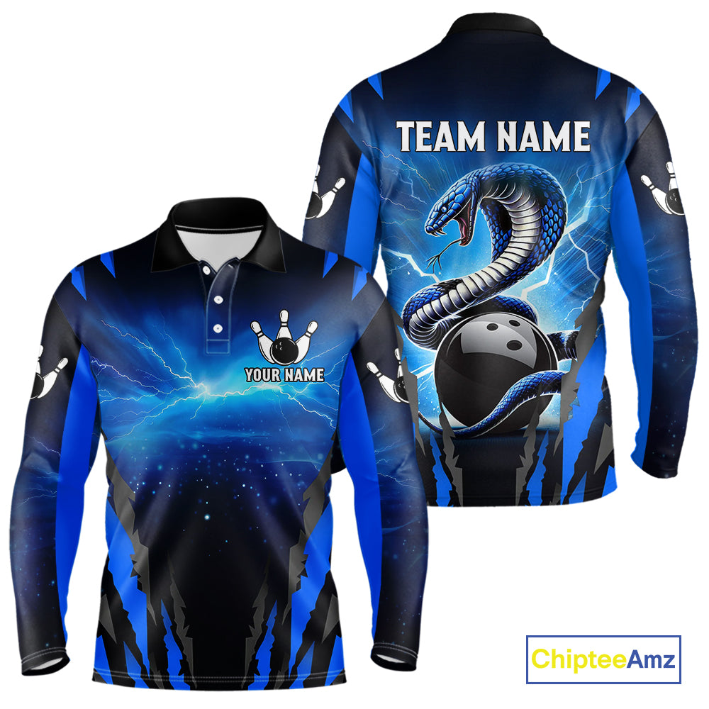 Personalized Blue Thunder Lightning Cobra Snake Bowling Shirts For Men, Bowling Team Jersey TDM4643