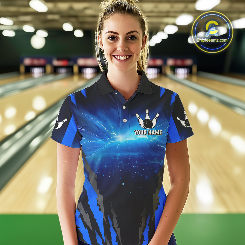 Personalized Blue Thunder Lightning Cobra Snake Bowling Shirts For Women, Bowling Team Jersey TDM4643