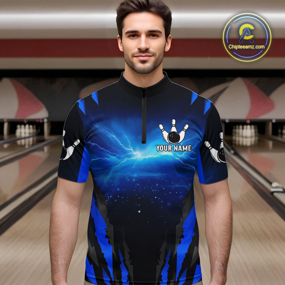 Personalized Blue Thunder Lightning Cobra Snake Bowling Shirts For Men, Bowling Team Jersey TDM4643
