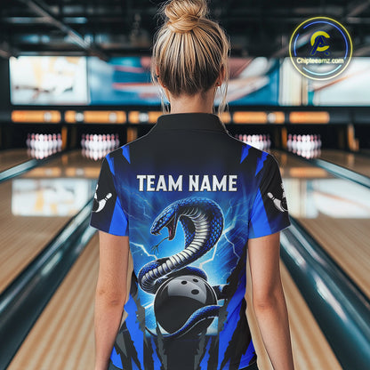 Personalized Blue Thunder Lightning Cobra Snake Bowling Shirts For Women, Bowling Team Jersey TDM4643