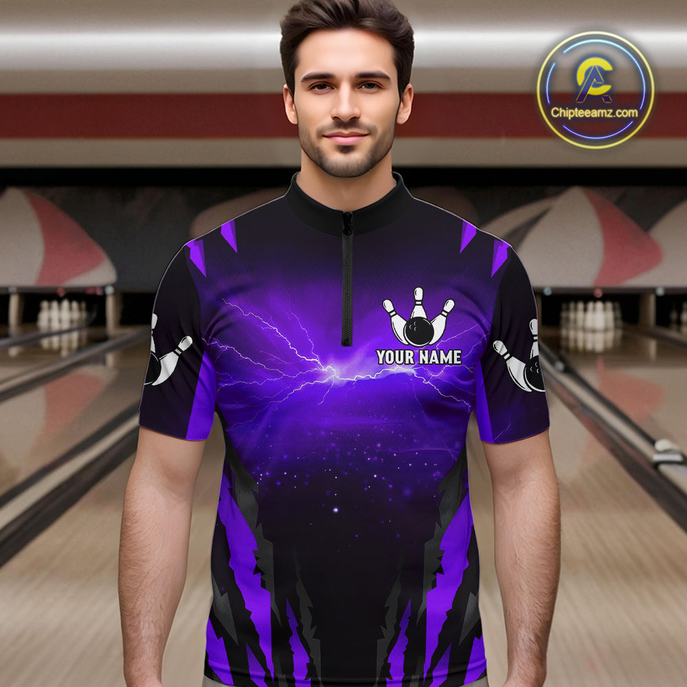 Personalized Purple Thunder Lightning Cobra Snake Bowling Shirts For Men, Bowling Team Jersey TDM4645