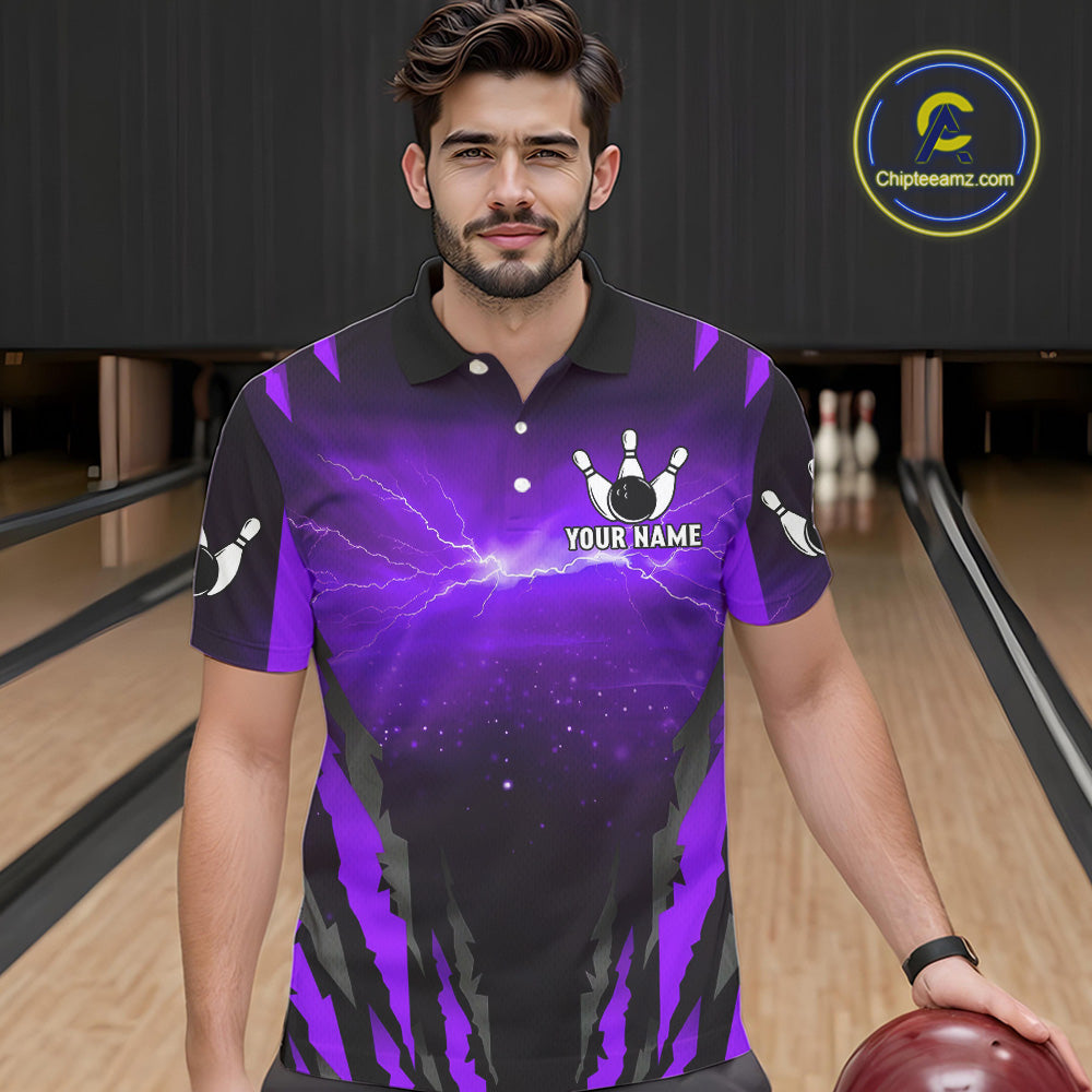 Purple Thunder Lightning Custom Wolf Bowling Shirts For Men, Bowling Team Jersey Polo & 1/4 Zip TDM4646