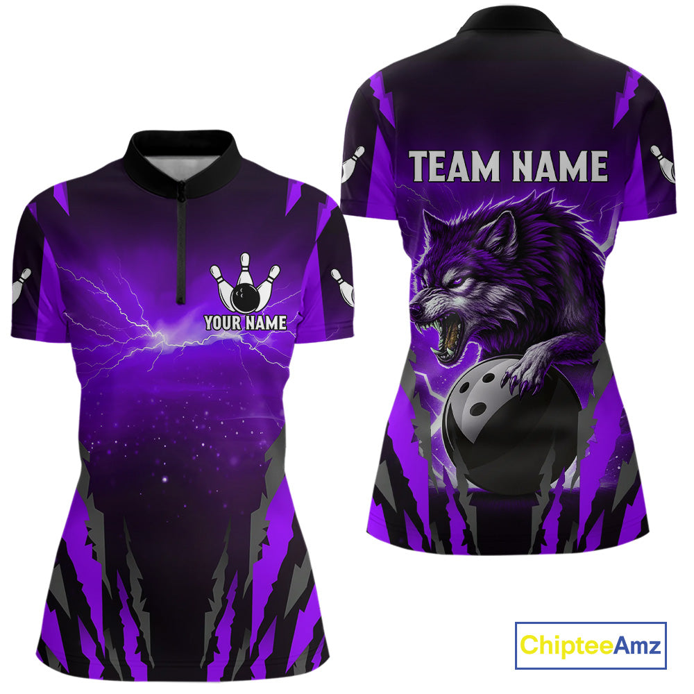 Purple Thunder Lightning Custom Wolf Bowling Shirts For Women, Bowling Team Jersey Polo & 1/4 Zip TDM4646