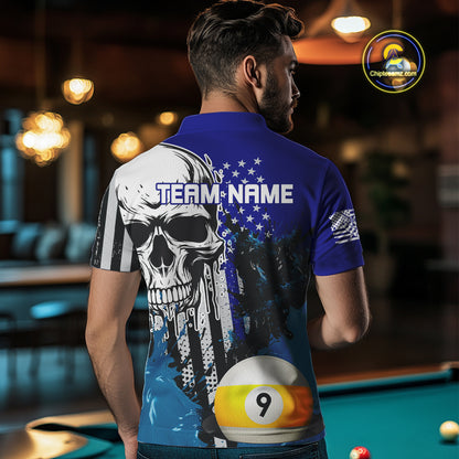 Personalized 8 & 9 Ball Pool Skull Billiard Shirt For Men Custom Grunge Billiard Team Jersey |Blue TDM4648