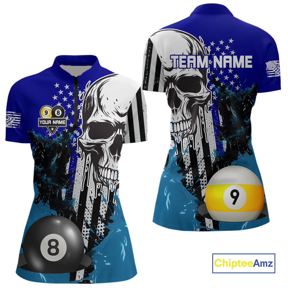 Personalized 8 & 9 Ball Pool Skull Billiard Shirt For Women Custom Grunge Billiard Team Jersey |Blue TDM4648